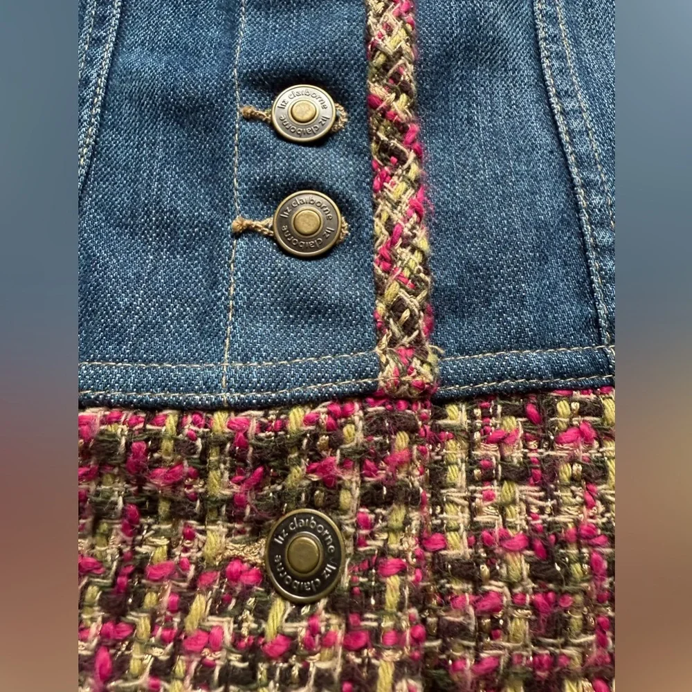 Y2K Liz Claiborne Denim Jean Jacket with Pink Tweed Trim - Picture 3 of 8